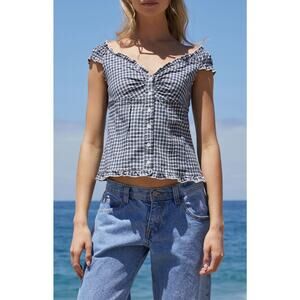 Brandy Melville Navy & White Gingham Cottagecore Cotton Blend Tank Top Preppy